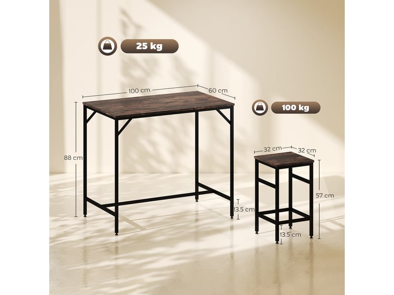  Ensemble tabletabourets cuisine modernes, table haute 4 tabourets industriels, métalbois, saloncuisine, 100x60x88 cm, marron rustique.  - Conforama E