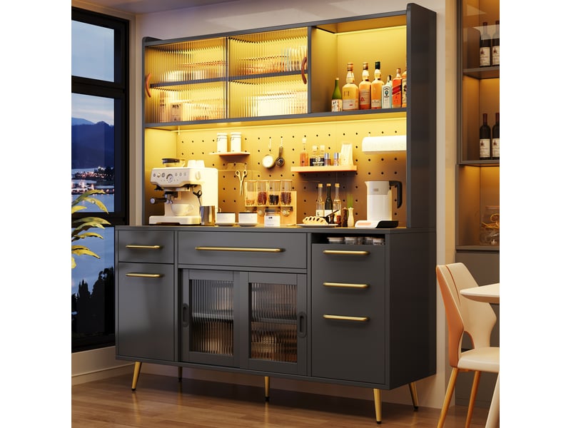 Buffet haut led avec pegboard, 2 tiroirs et portes coulissantes, 145x39x171 cm, mdfverre, noir  - Conforama W