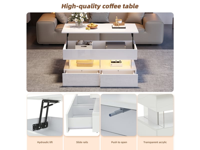  Table basse, à plateau relevable, avec éclairage led, avec 2 tiroirs, 100 x 50 x h 46–60 cm, blanc, rangement pratique, finition brillante, pour salon Luxe haut de gamme - Conforama E