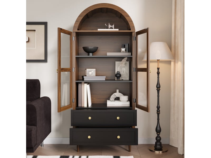  Buffet haut ulevr avec rangement et étagères réglables, 70 x 38 x 168 cm, mdf et portes en verre, noyer foncé  - Conforama E