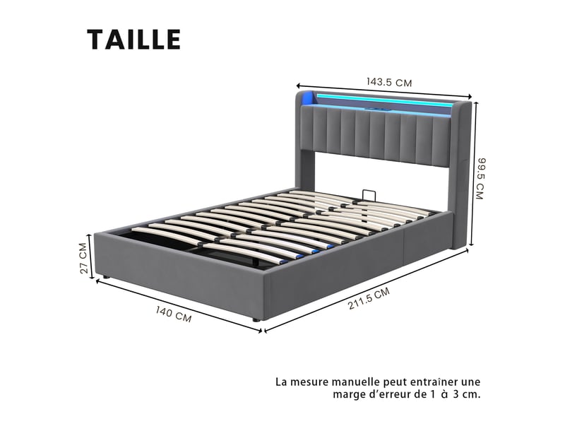  Lit coffre 140x190 cm avec led et usb gris foncé evryae  - Conforama D