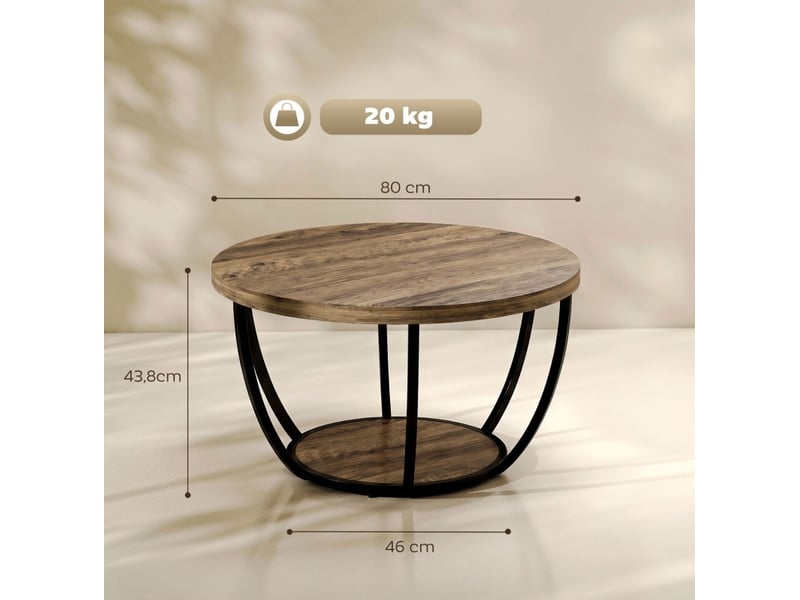 Table basse tcqpz ronde 80 x 80 x 43,8 cm 2 niveaux de rangement panneau de particules métal marron noir  - Conforama C