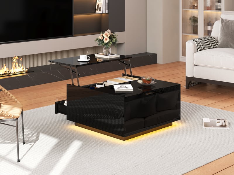  Table basse carrée 70x70x38 cm noire en panneau de particules avec plateau relevable led et rangement dissimulé tiroir evarich - Conforama D