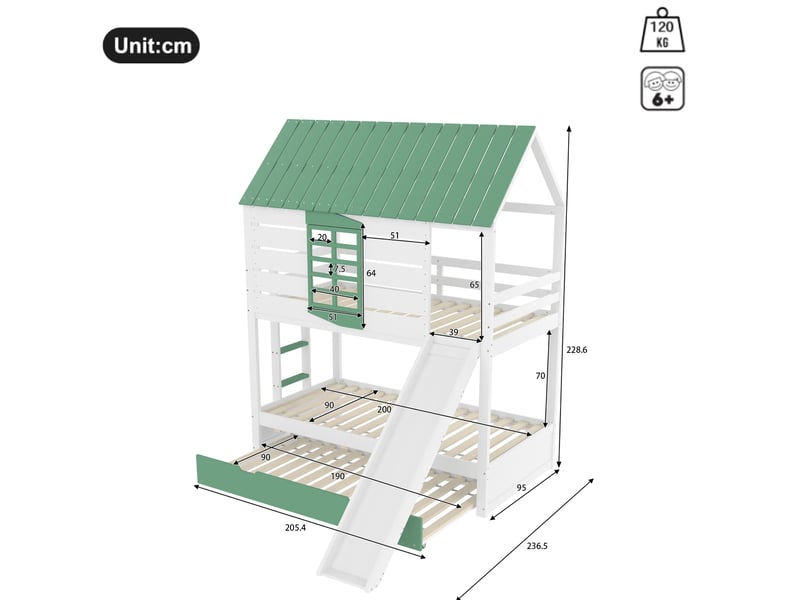  Modenvie lit superposé cabane 90x200 cm - avec toboggan, lit gigogne et barrières - blanc et vert  - Conforama C