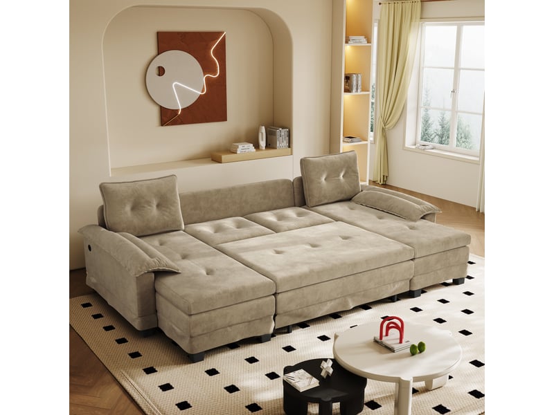  Canapé panoramique en u fauteuil relax chenille couleur camel avec prise usb intégrée pour salon moderne  - Conforama W
