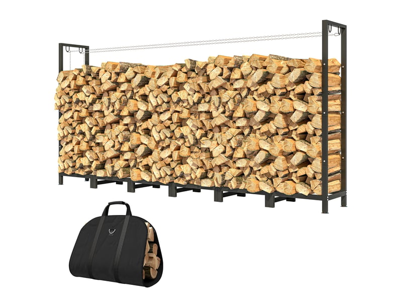  Porte-bûches extérieur réglable en acier, capacité 150 kg, 235 x 31 x 116 cm, noir  - Conforama B