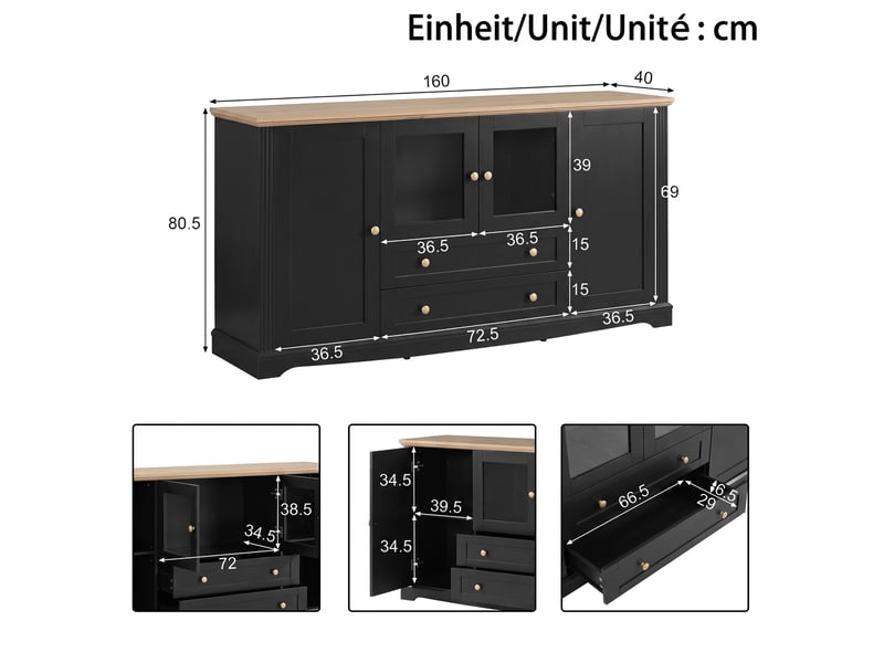  Buffet 160x40x80.5cm avec 4 portes vitrées, 2 tiroirs, poignées en fer et éclairage led pilotable par application, mdf, noir evarich - Conforama C