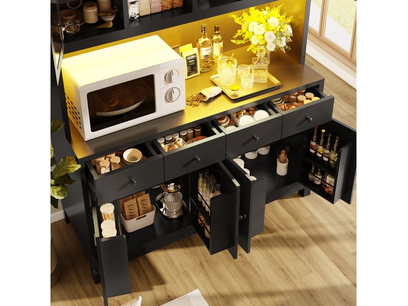 Buffet haut de cuisine avec 6 portes, 4 tiroirs, étagères réglables et éclairage rvb, noir 140 × 38,5 × 180 cm - Conforama D
