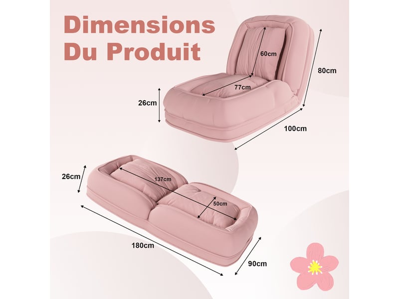  Canapé-lit pliable 80x22x87 cm convertible ergonomique, 5 positions réglables, multifonction, en métal, couleur rose  - Conforama C