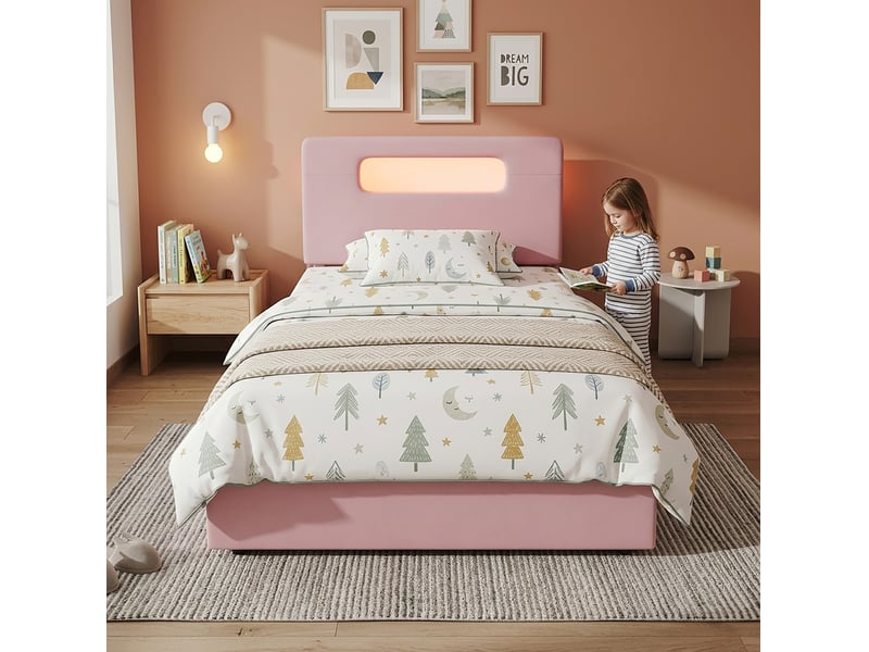  Lit enfant 90 x 200 cm rose en velours, 4 tiroirs latéraux, tête de lit led contrôlée par application  - Conforama B