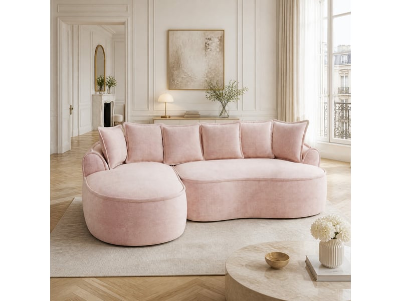  Canapé modulable 3 places en chenille rose 252x164 cm avec méridienne  - Conforama B