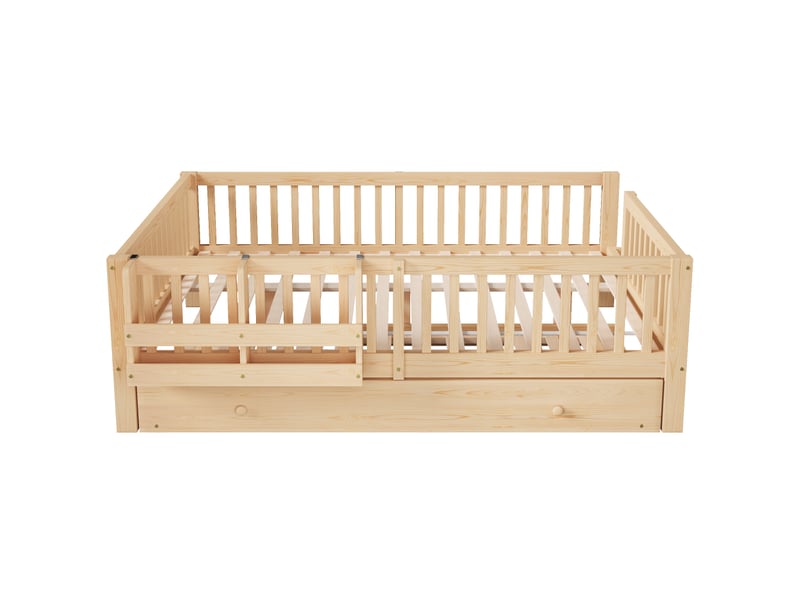  Lit plateforme en bois 140x200 avec barrière de sécurité et méridienne, couleur bois  - Conforama D