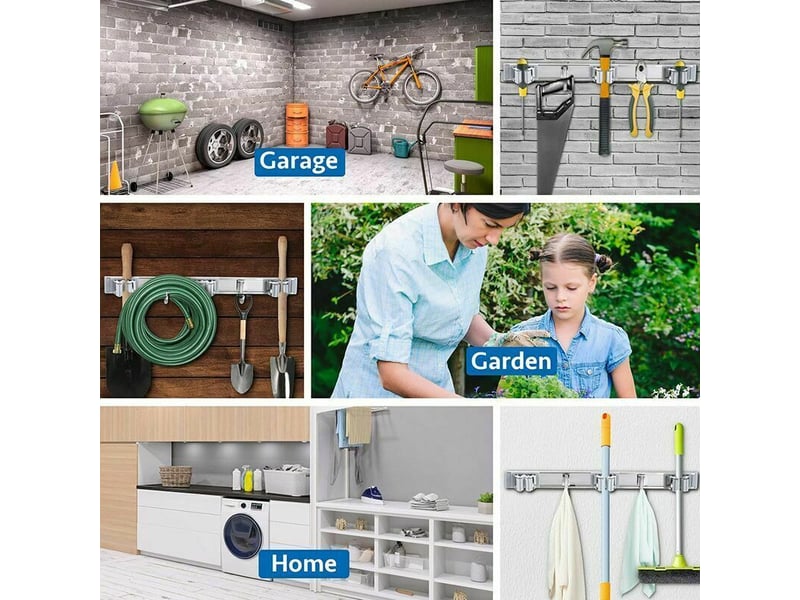  Porte balai mural en acier inoxydable, accroche balai avec 4 emplacements et 5 crochets pour cuisine, salle de bain, garage et jardin, gris LM2X02802512 - Conforama C