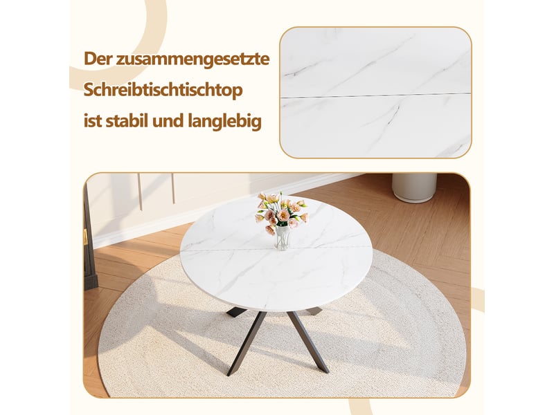 Table de salle à manger ronde en mdf effet marbre, piètement croisé en métal noir, pour cuisine et salon, diamètre 110 cm  - Conforama E