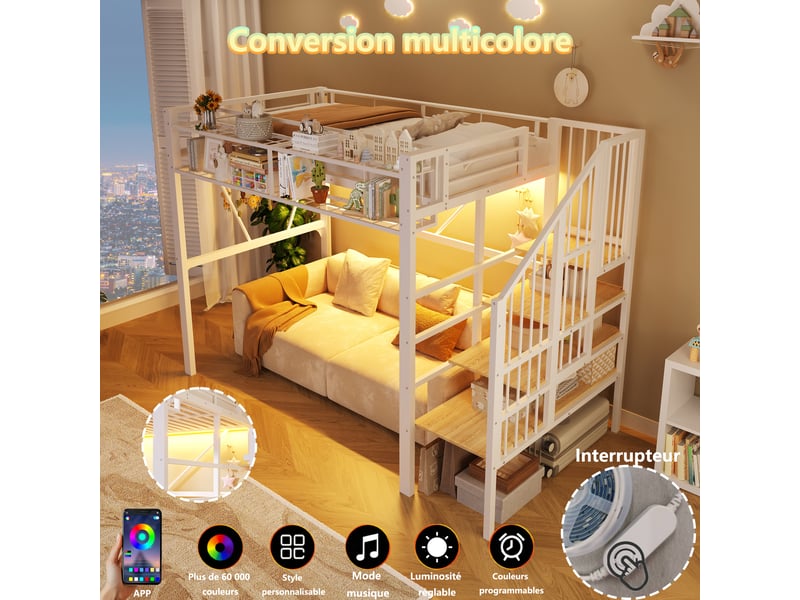 Lit mezzanine enfant 90x200 cm avec étagères en gradins, lit surélevé avec panneaux grillagés, panier de rangement, espace ouvert et led, blanc OPULERANE TRADING LTD - Conforama E
