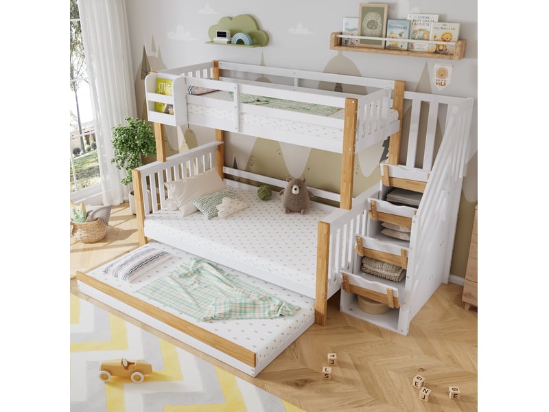  Lit superposé 254x216,5x165 cm avec lit tiroir, escalier de rangement, bois et mdf, blanc et naturel  - Conforama B