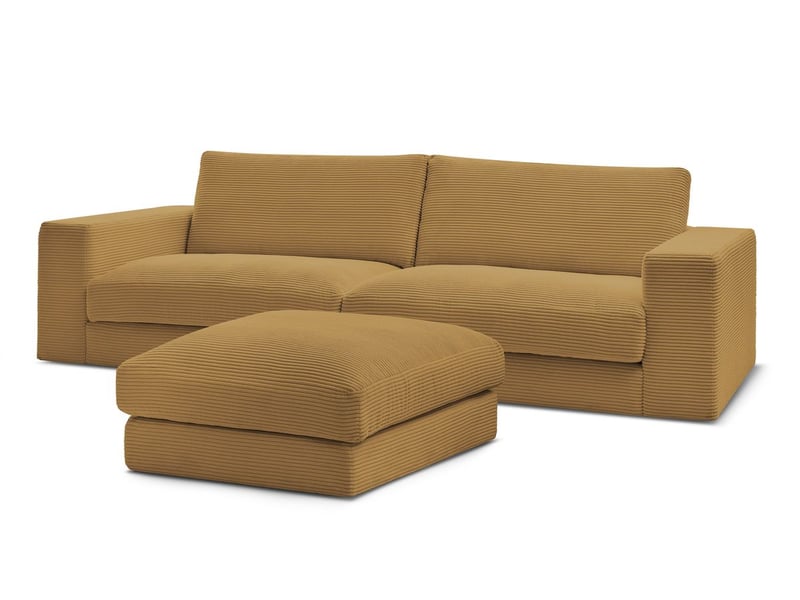  Bobochic canapé droit fixe 3 places leonard velours côtelé avec pouf jaune LEONARD - Conforama A