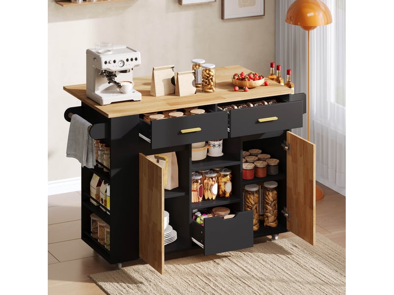  Desserte de cuisine avec plan de travail relevable, 3 tiroirs, étagère à épices et roulettes freinées pour cuisine  - Conforama B