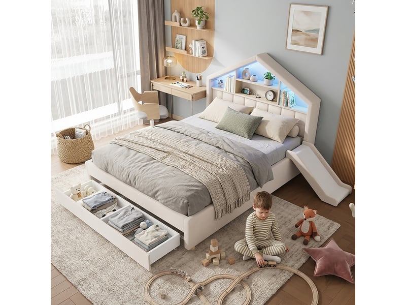  Lit cabane 140x200 cm - avec éclairage led - en velours - beige CARDUME ESTIVAL - Conforama B