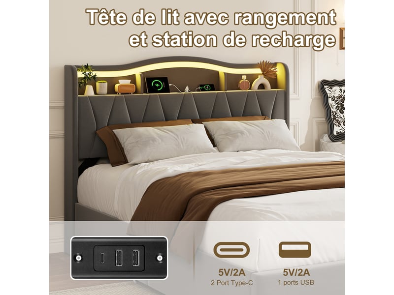 Lit 140 x 200 avec avec sommier led et usb, lit double avec 4 tiroirs, tête de lits avec rangement, lit 2 personnes pour adultes et ado, gris - Conforama E