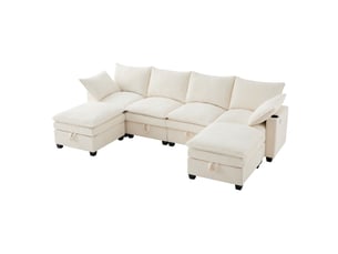 Canapé droit convertible <strong>HAVRYA</strong> <strong></strong> 6 places Velours côtelé beige avec coffre de rangement
