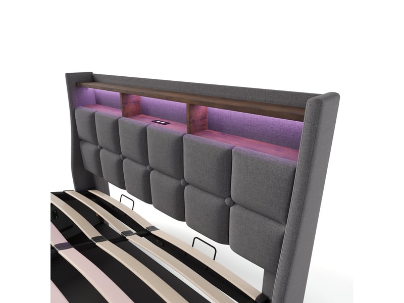  Lit coffre 140x200cm avec éclairage led, port usb, élégant et tendance, style moderne, incluant un matelas, lin, gris  - Conforama E