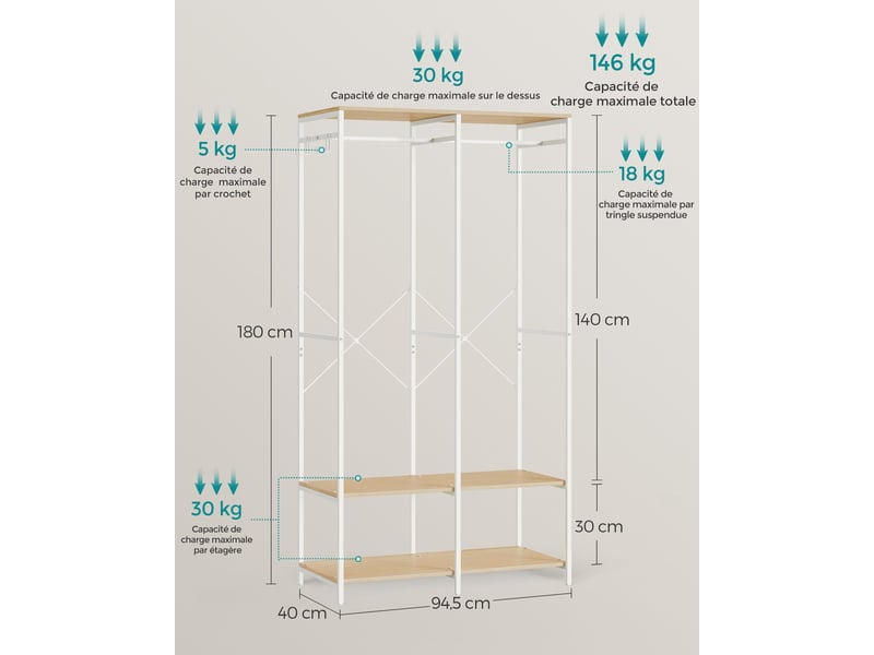  Armoire de rangement portable avec étagères et tringle 40 x 94,5 x 180 cm style moderne en aggloméré beige 12_0011401  - Conforama D