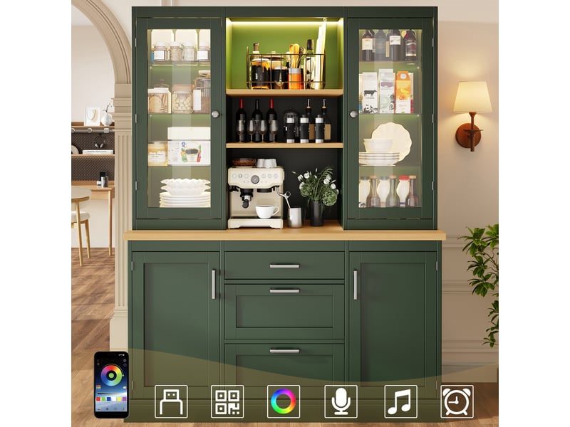 Meuble de cuisine avec éclairage led 185 x 140 x 40 cm , 3 tiroirs, plan de travail, étagères réglables,vert evarich - Conforama E