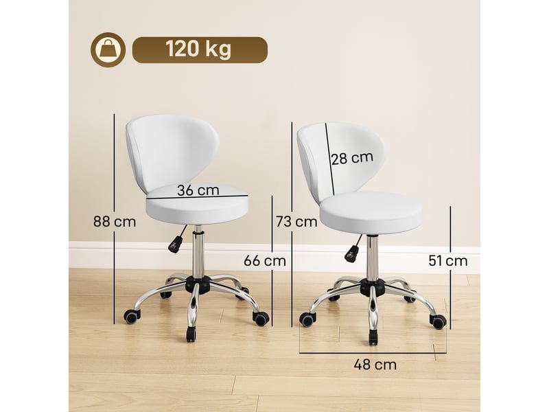 Tabouret de massage à roulettes en pu blanc avec hauteur réglable de 73 à 88 cm dossier et rotation à 360 degrés - Conforama C