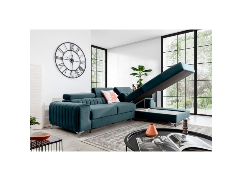Canapé d'angle droit bleu canard convertible 3 places jayson couchage spacieux - Conforama B