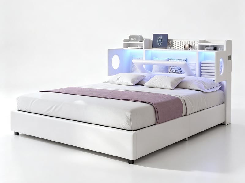  Lit coffre 160x200 cm en tissu lin - éclairage led et port usb - tête de lit avec rangement - sommier à lattes avec rangement hydraulique  - Conforama A