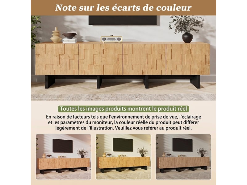  Meuble tv 180 cm en bois naturel pour écran jusqu'à 75 pouces, avec 4 portes à motif gaufré et pieds noirs  - Conforama D