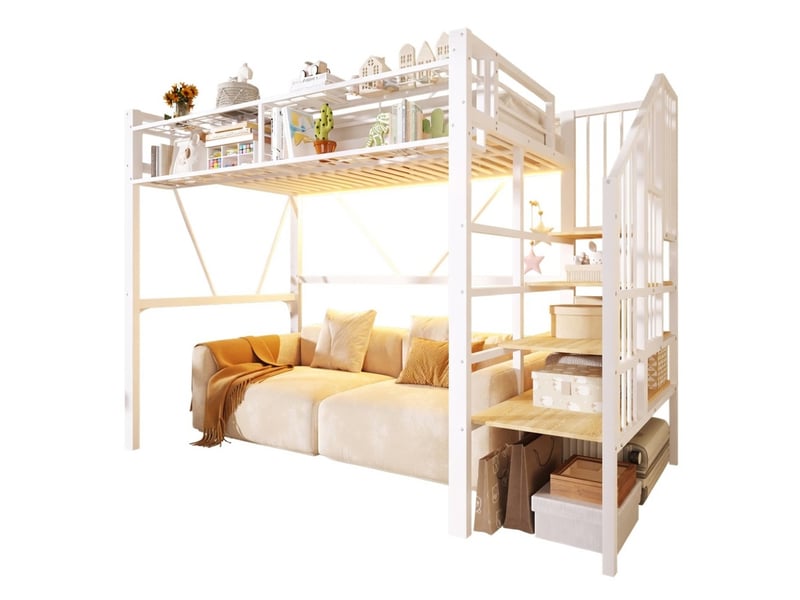  Lit mezzanine 90x200cm en métal avec étagère échelle éléments grille panier rangement ouvert sous le lit bande led sans matelas blanc  - Conforama A