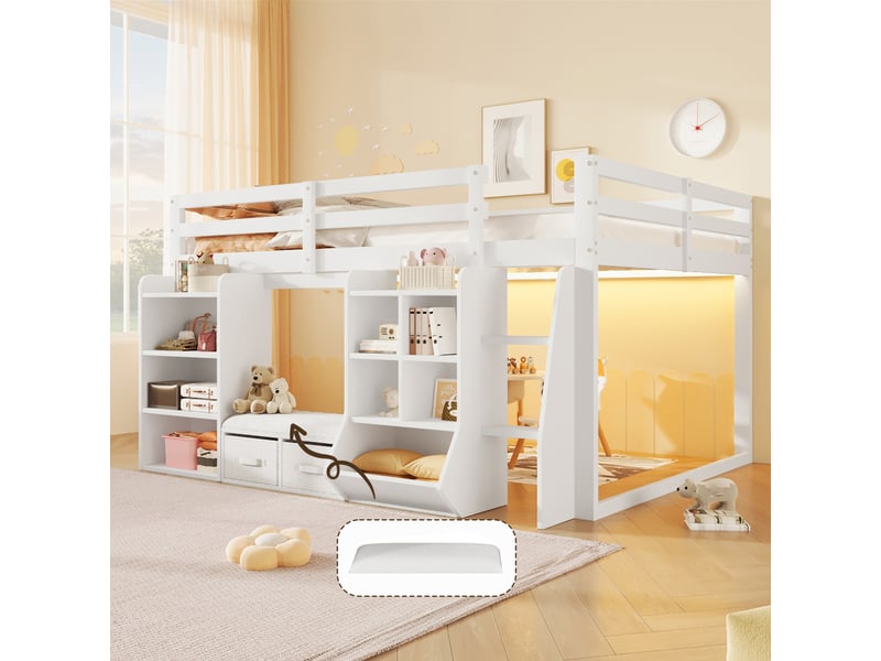  Lit mi-hauteur enfant 140x200cm avec rangements, étagères ouvertes, 2 tiroirs en tissu et coin lecture avec coussin - blanc  - Conforama B
