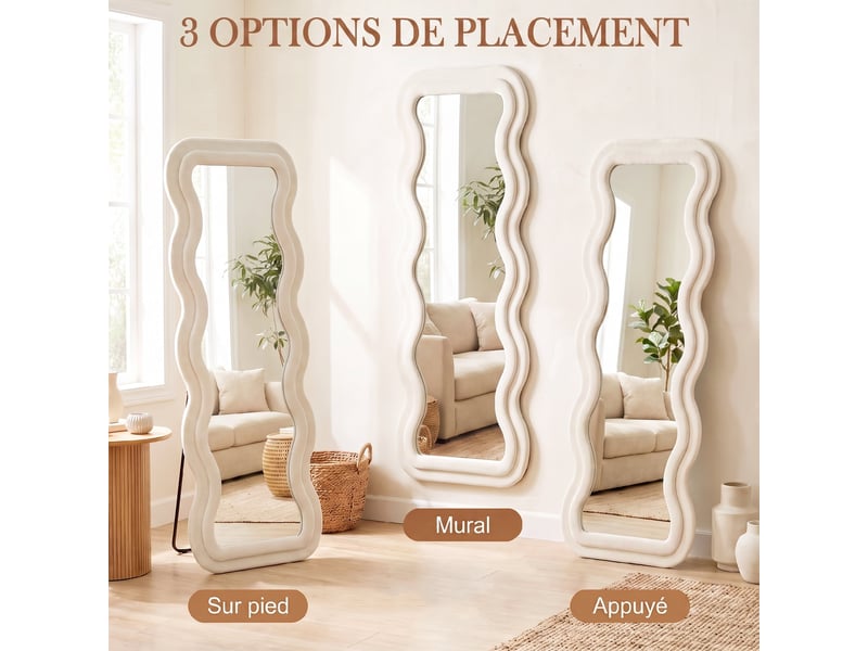 Miroir pleine longueur 160 x 60 cm, miroir ondulé sur pied ou mural, cadre effet velours et verre trempé, crème  - Conforama R