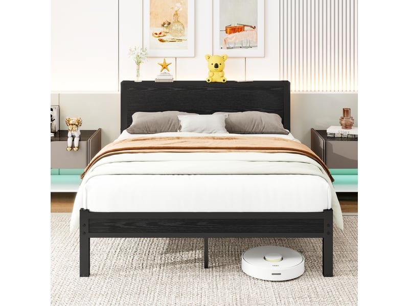  Cadre de lit plateforme avec rangement 140x200 cm, noir, métal et mdf, sans matelas  - Conforama D