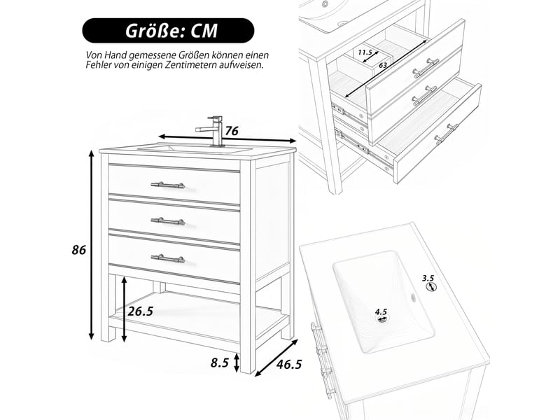  Meuble sous vasque avec 2 tiroirs et niche ouverte, vasque en céramique, salle de bain, mdf blanc et doré, 76 cm  - Conforama D