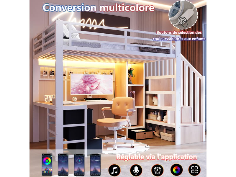 Lit mezzanine 90x200 cm en métal avec bureau gaming, led, escalier avec rangements, 4 tiroirs, étagères et espace de travail intégré - blanc - Conforama E