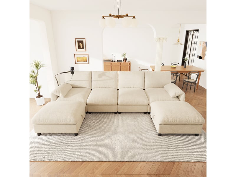 Canapé modulaire 6 places en chenille beige, canapé d’angle en u ou en l avec deux poufs de rangement et ports usb type-c - Conforama D