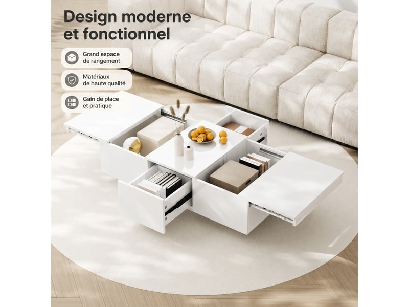  Table basse blanche brillante avec rangement caché et 2 tiroirs, 100 x 50 x 31 cm  - Conforama D