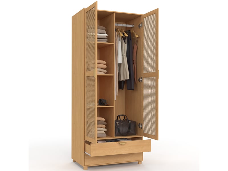 Armoire 2 portes edhen bois et cannage penderie 80 cm avec 2 tiroirs et étagères - Conforama C