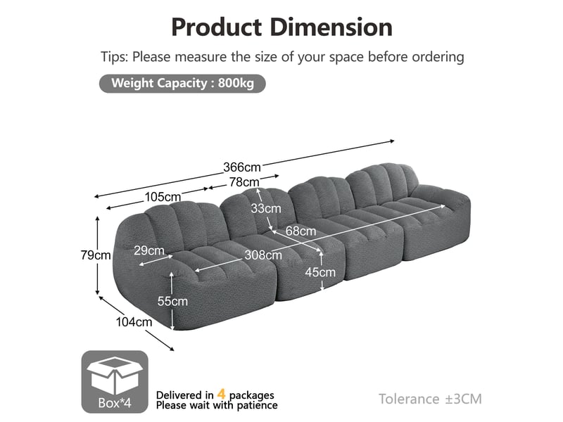  Canapé modulaire en tissu avec assise profonde et dossier ergonomique, pour salon, en fleece granuleux gris  - Conforama E