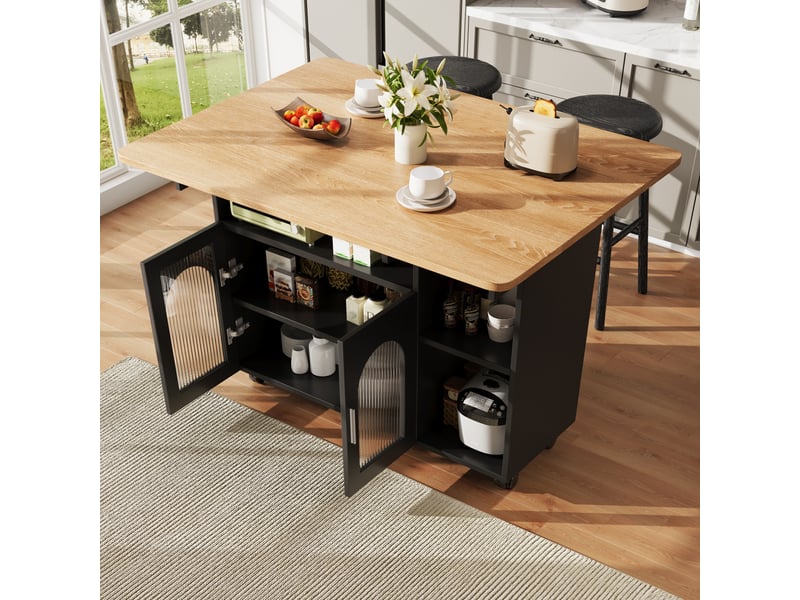 Îlot de cuisine noir avec table pliante intégrée, chariot sur roulettes, longueur 120 cm, mdf et métal  - Conforama B