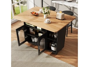 Îlot de cuisine noir avec table pliante intégrée, chariot sur roulettes, longueur 120 cm, mdf et métal