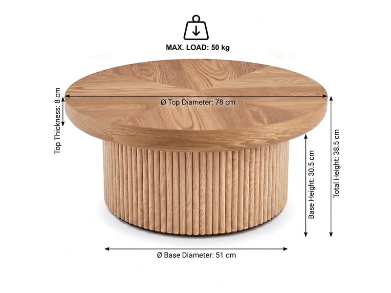  Table basse ronde coloris bois naturel, plateau motif parquet et base cannelée, 78 x 78 x 38,5 cm  - Conforama E