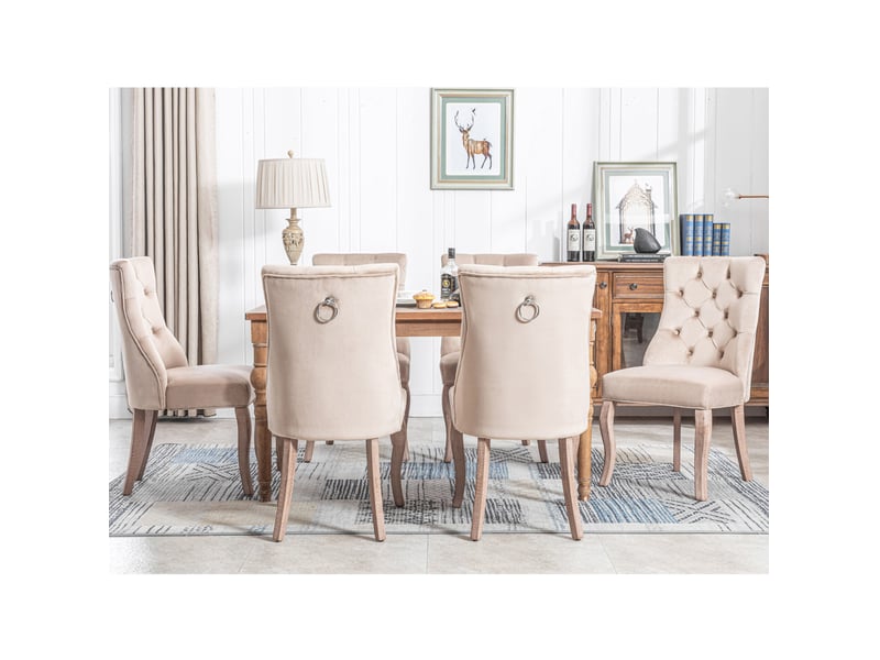  Lot de 6 chaises salle à manger 97x51x47 cm, structure bois, velours beige, dossier haut, assise rembourrée et agréable  - Conforama D