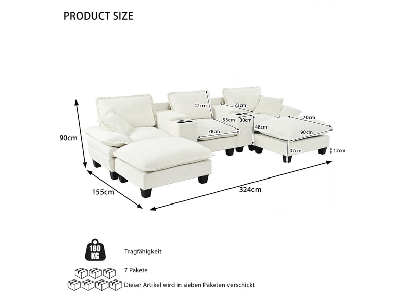 Canapé panoramique modulable, 2 poufs, rangements, ports usb, porte-gobelets, 323 × 151 × 90 cm, chenille beige - Conforama C