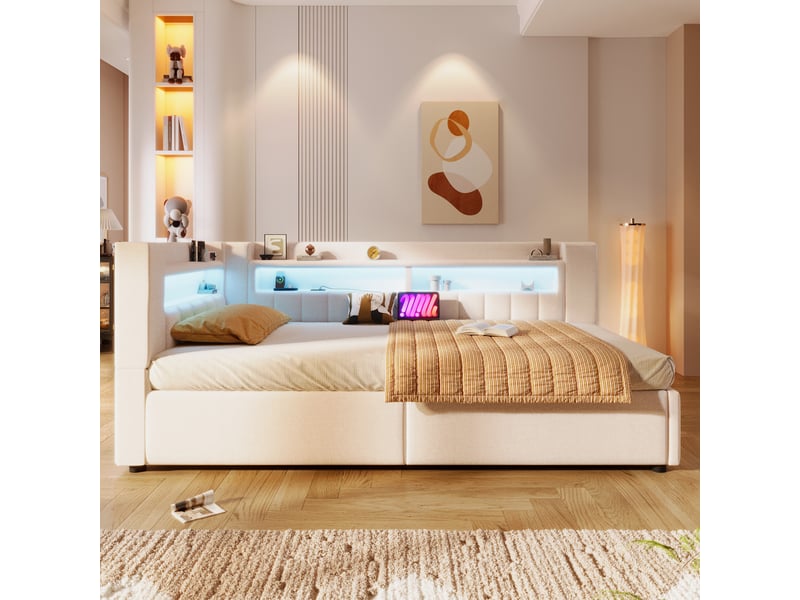  Lit coffre hydraulique 90x200 cm avec led et usb-c, tissu lin beige, structure mdf, sans matelas  - Conforama W