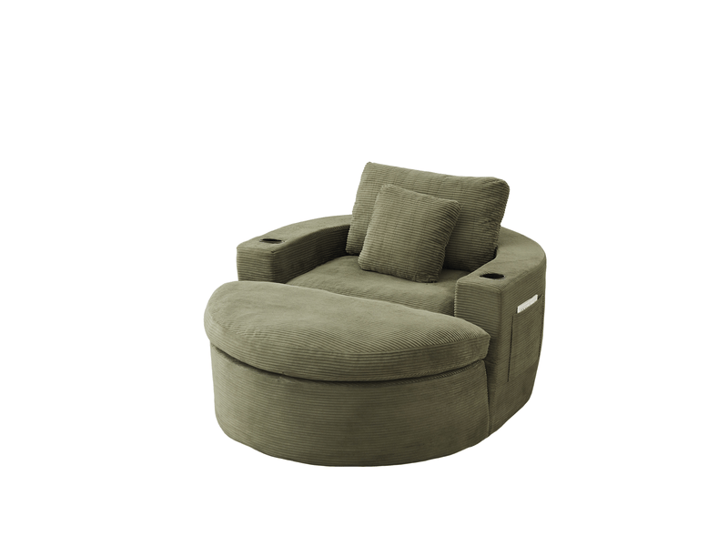 Fauteuil lounge 1 place avec repose-pieds amovible et porte-gobelet, en velours côtelé vert - Conforama D