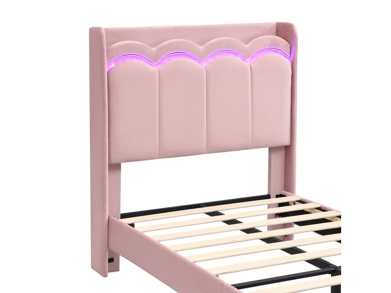  Lit enfant 90x200 cm avec tiroir, led contrôlée par application, velours rose, sans matelas  - Conforama R